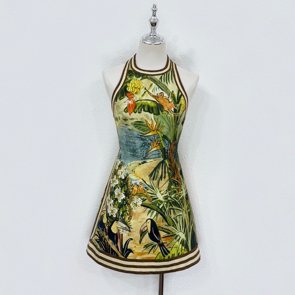 Alemais Dresses & Skirts - Alemais Tropical Halter Mini Dress in Green and Cream